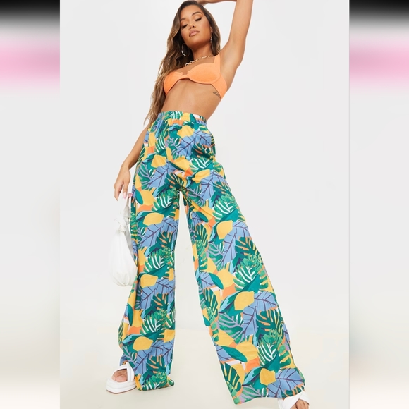 PrettyLittleThing Pants - PrettyLittleThing | Orange Abstract Lemon Print Woven Elasticated Waist Palazzo